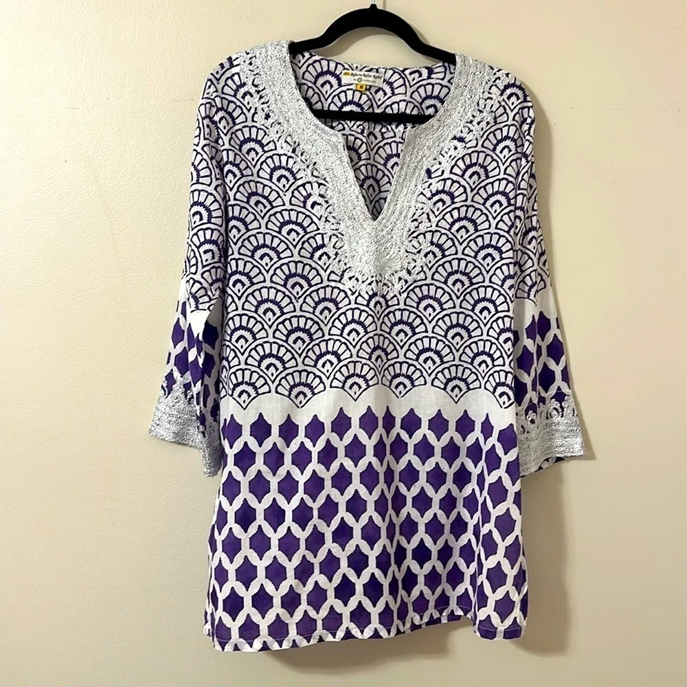 Roberta Roller Rabbit Womens Cotton Moroccan Print Tunic Swim Coverup Sz Medium